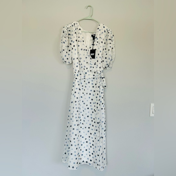 Dkny Dresses & Skirts - NWT! DKNY Midi White and Blue Polka Dots Wrap Dress with Puff Sleeves! Size 14W!